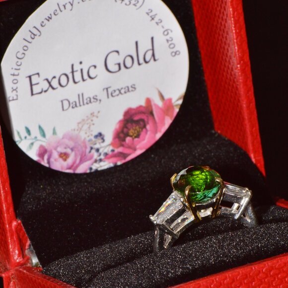 Certified Natural 3.85CTS VS F Diamond Green Tourmaline 18K Gold Platinum Ring - Picture 14 of 16
